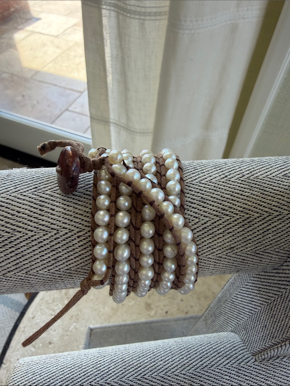 Pearl Multi-Strand Wrap Bracelet with Brown Cord